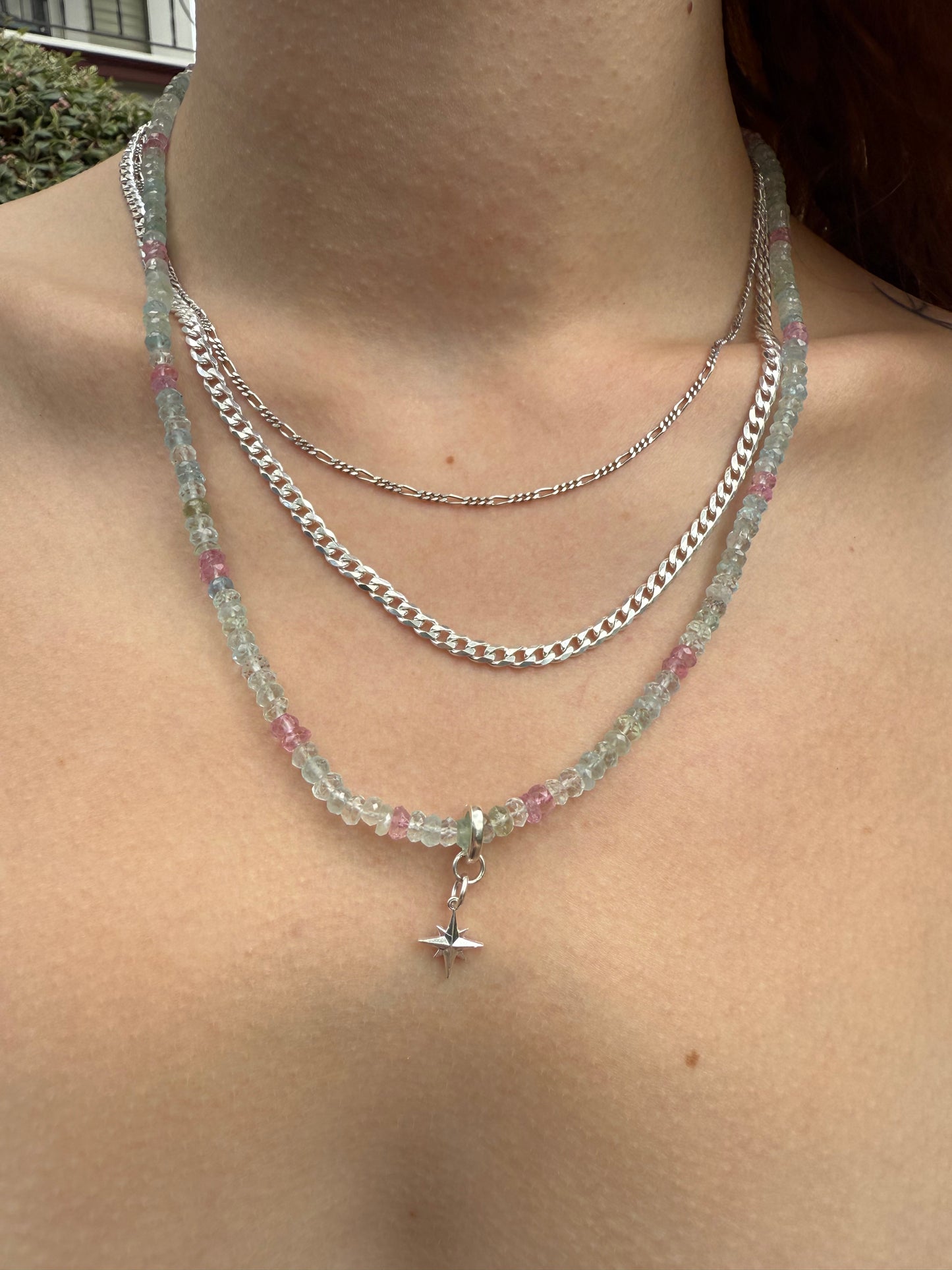 Silver, Aquamarine and Pink Beryl Necklace