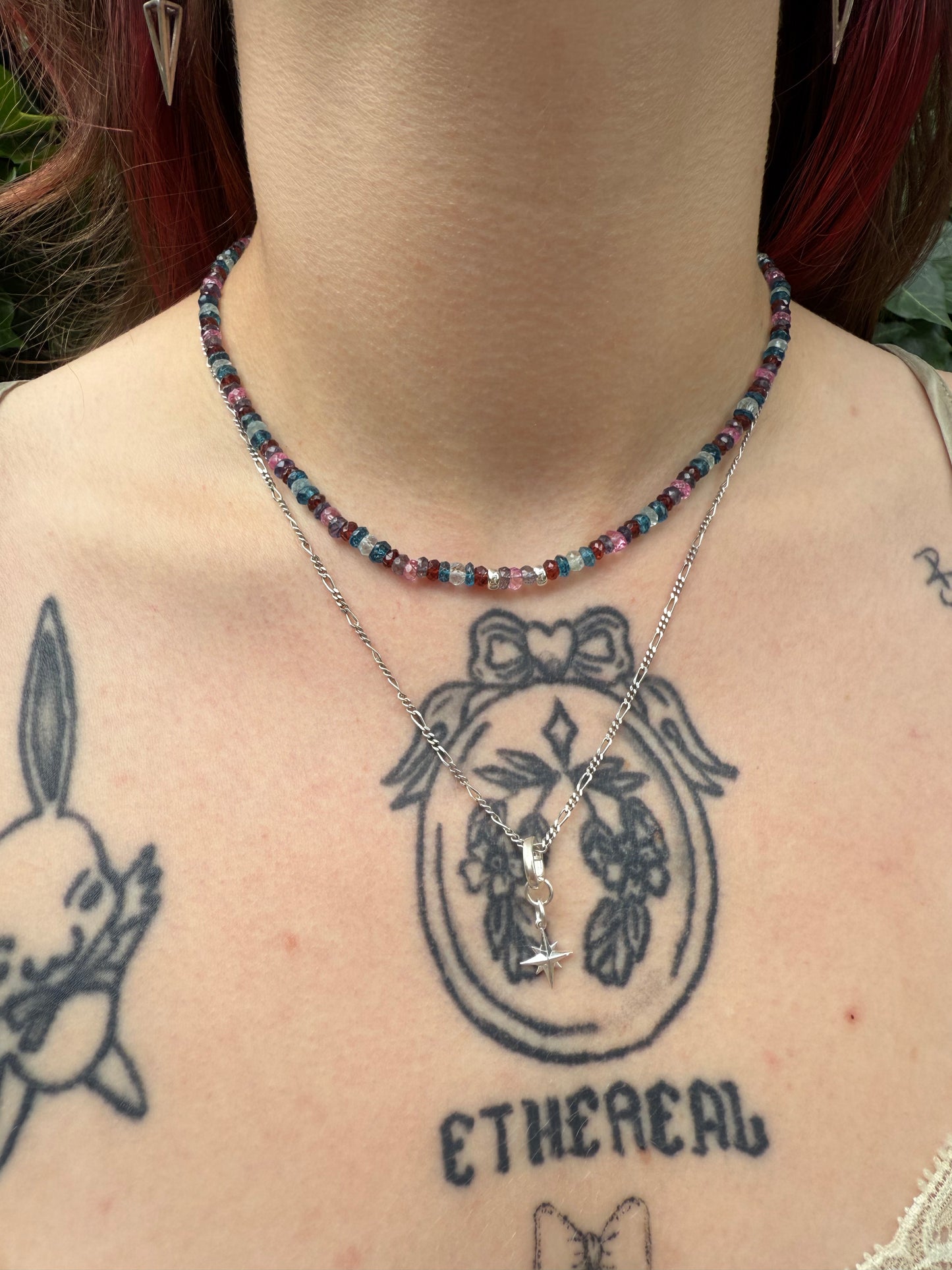 London blue topaz, pink topaz, amethyst, garnet and aquamarine necklace