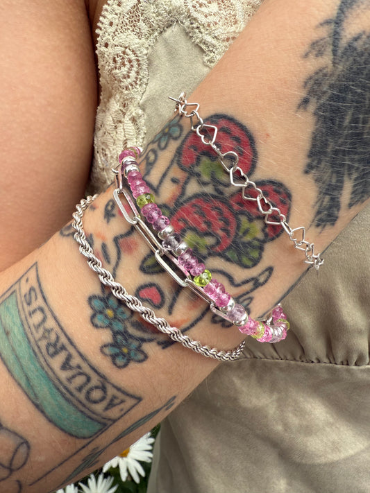 Peridot, Pink topaz and Amethyst bracelet