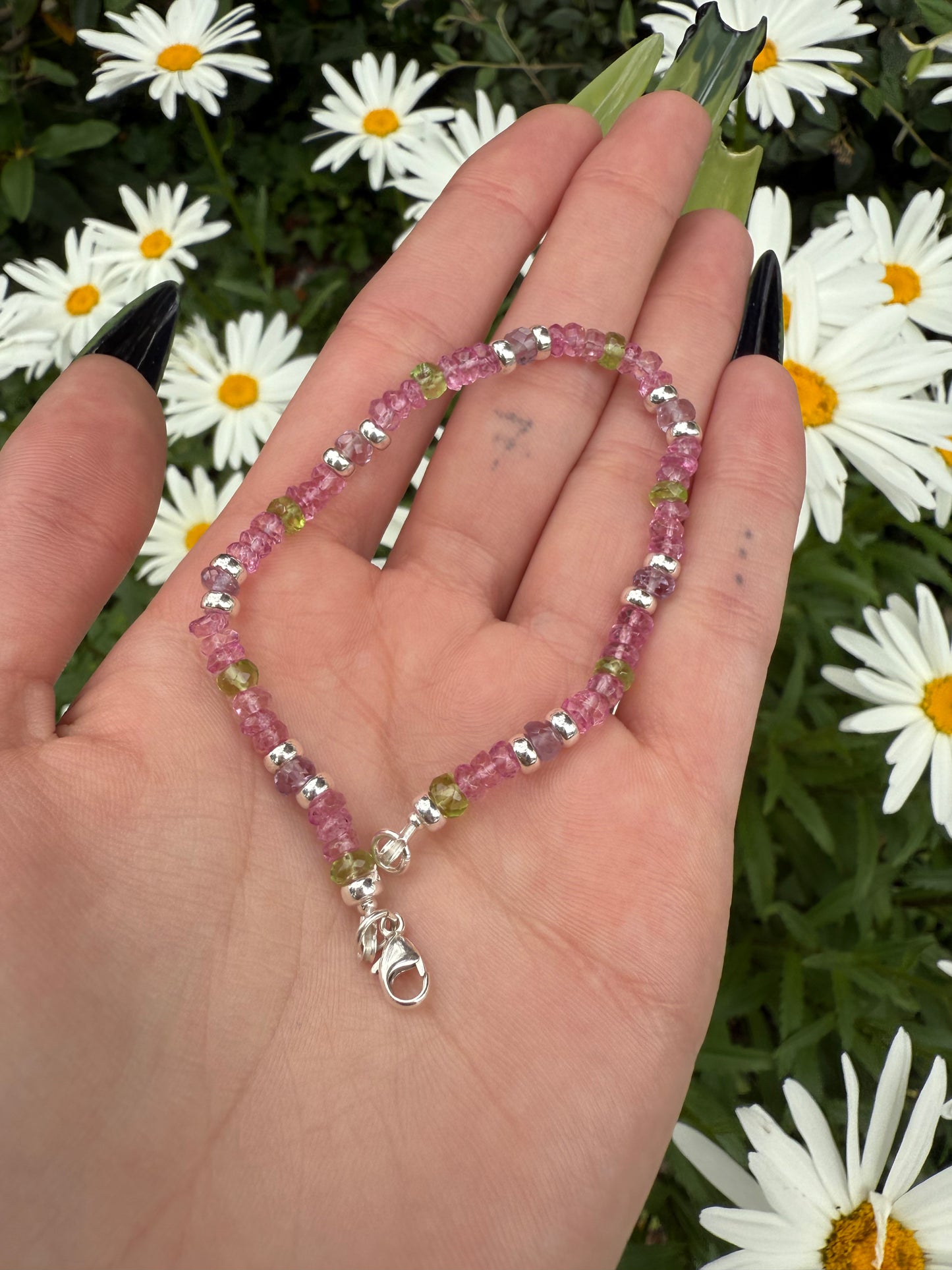 Peridot, Pink topaz and Amethyst bracelet