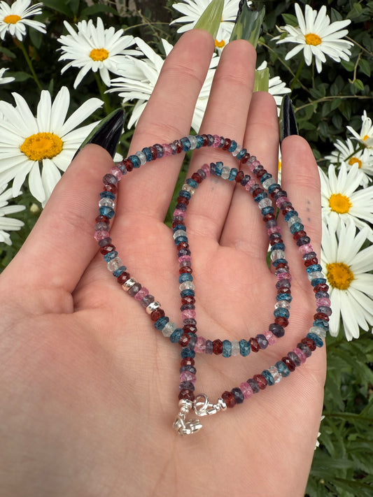 London blue topaz, pink topaz, amethyst, garnet and aquamarine necklace